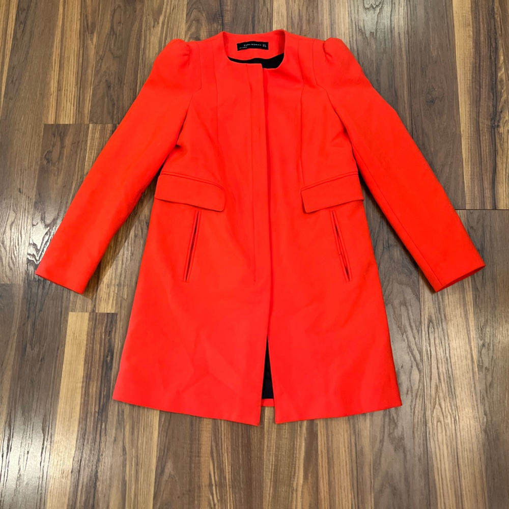 Zara Inverted Lapel Blazer Red Frock Coat Longline Jacket Size M Collar Basic